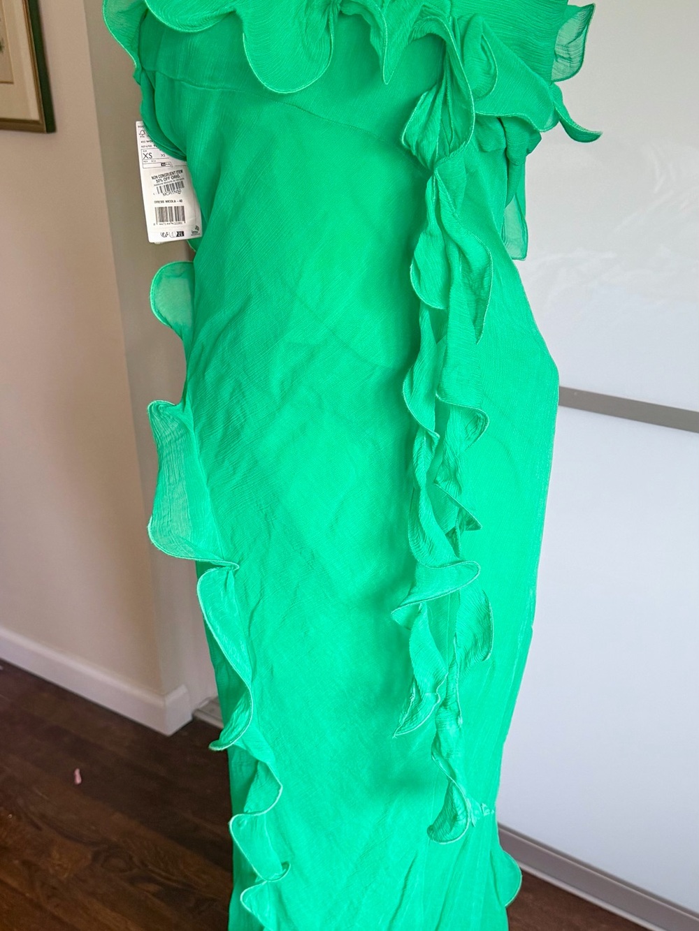 Mango Emerald Green Asymmetrical Ruffle One Shoulder Maxi Gown Mermaid  Dress XS